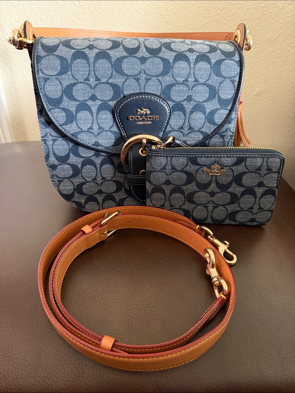 Coach Denim Signature Saddle Crossbody with Tan Leather Strap with wristlet!